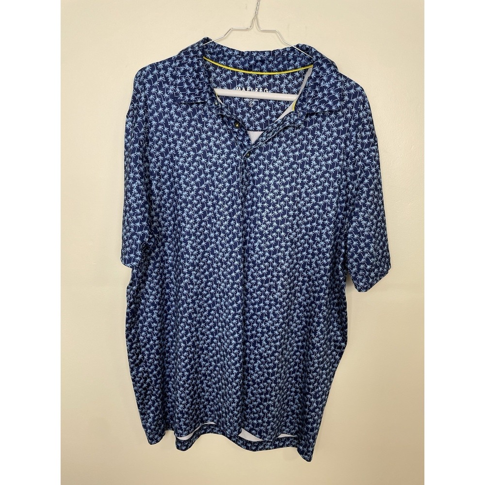 MAELREG Performance Polo Mens Large Navy Blue Palm Tree Print Golf Shirt